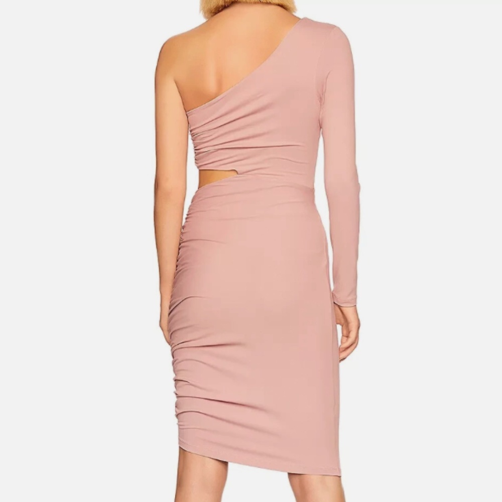 *Susana Monaco Womens Blush Pink One Shoulder Cut Out Midi Ruched Dress Small - Picture 2 of 14